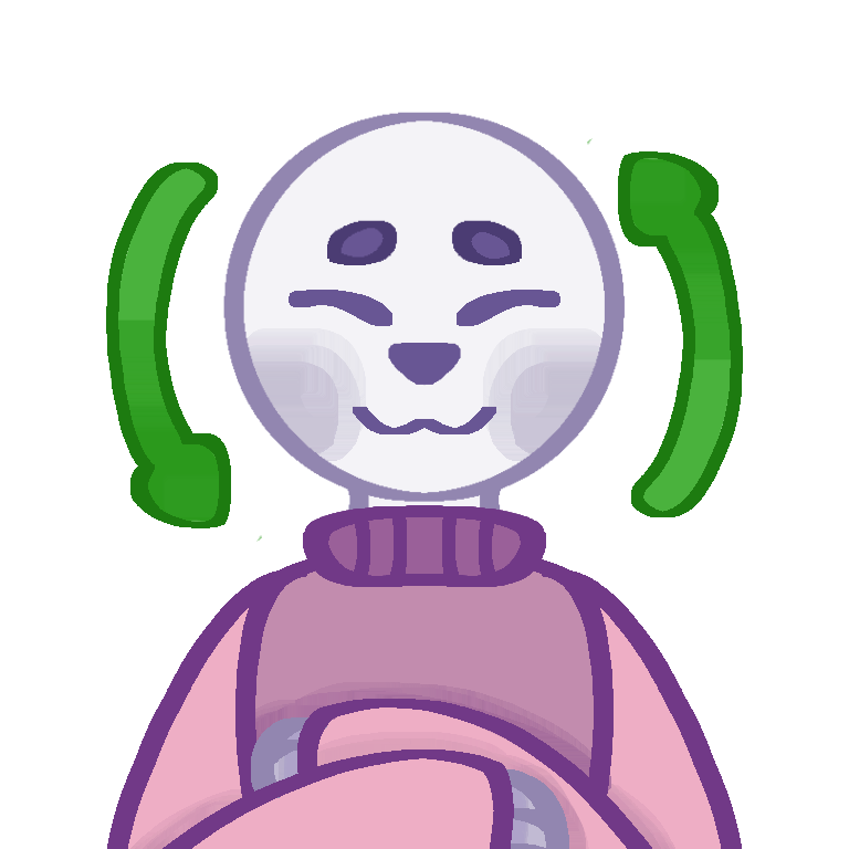An emote of someone with pale blue skin and blush. They are wearing a sweater with a purple color, a light purple base color, and the sleeves are pink. It shows the upper half of the person and their arms crossed. Their expression is pleasant with closed eyes. There are green arrows on either side of the head, the left going down, and the right arrow going up to show positive nodding